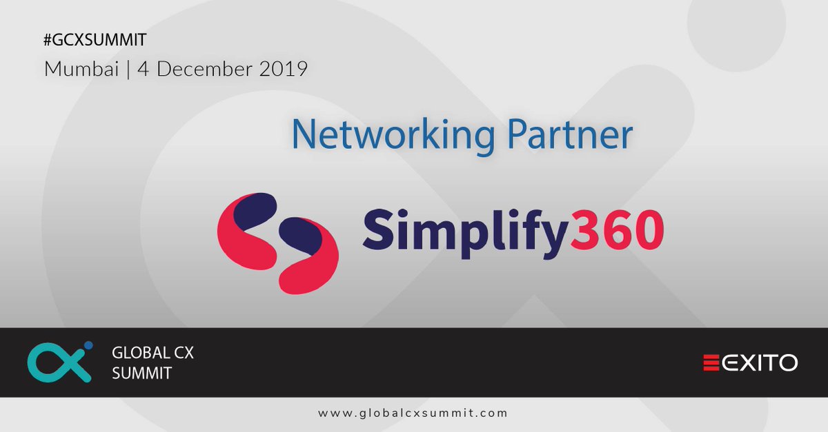 Exito is proud to associate with <a href="/Simplify360/">Simplify360</a> as Networking Partner for the #GlobalCXSummit taking place at #Mumbai on 4th Dec 2019

Meet them at globalcxsummit.com

Event by: <a href="/ExitoEvents/">Exito Events</a>

#exito #exitoevents #gcxsummit #simplify360 
#customerexperience #event #announcement
