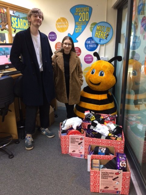 Shef_Volunteer's tweet photo. Connor and Andreea from the student Volunteering Committee are off to @archerproject to drop off all the Socks & Chocs donations for @helpushelpsheff. #4weeksofaction https://t.co/o1LHbkYEGS