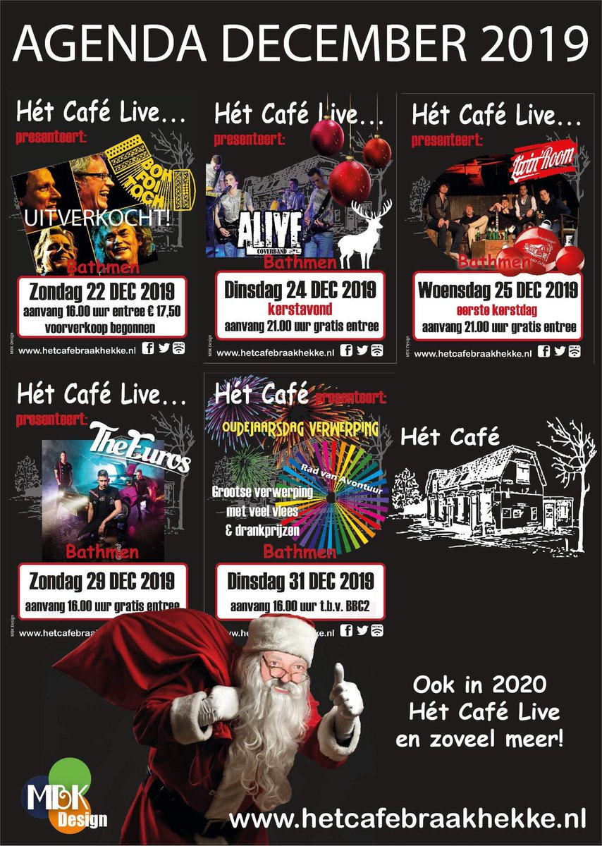 Voor de liefhebbers van live muziek!
De uitagenda voor december 2019 <a href="/CafeBraakhekke/">CafeBraakhekke</a> in Bathmen