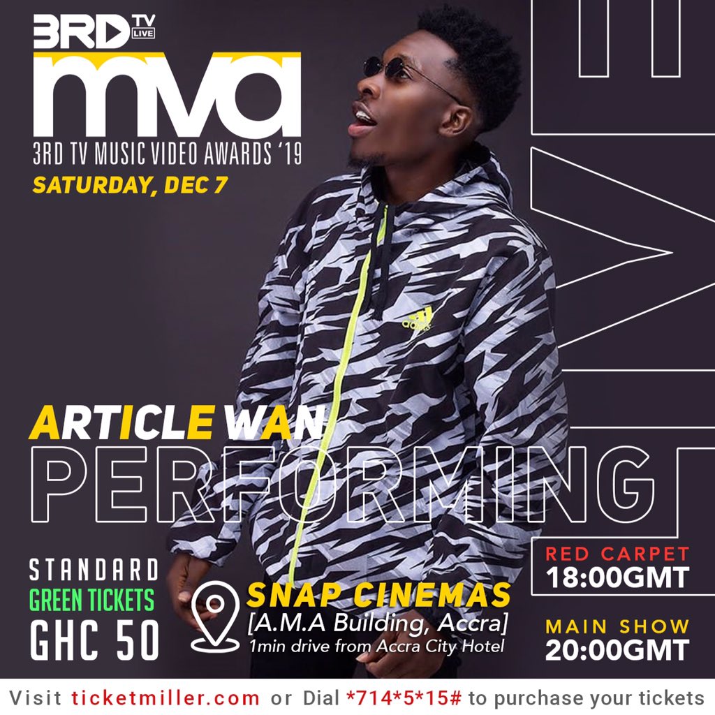 3rdtvmva's tweet photo. #3RDTVMVA19 • [ P E R F O R M E R ]
#AtanfoBesu ama #AfroSupa King @articlewani atu #Hallelujah
Dial *714*5*15# to grab your Green Tickets to watch him perform LIVE at the #3RDTVMVAs
#CelebratingGhanasFinestEntertainers https://t.co/bBUSGxOkAm
