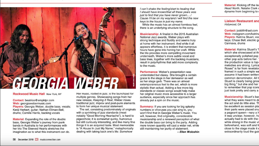 Thank you to @musicconnectionmagazine for this great review of our 'Keeping It Real' release party back in September.  Thanks again to @rockwoodmusichall for having us play! @kenjiherbert and @nathanellmanbell you are the best!
#newmusic #showreview #recordreview #jazz #indie