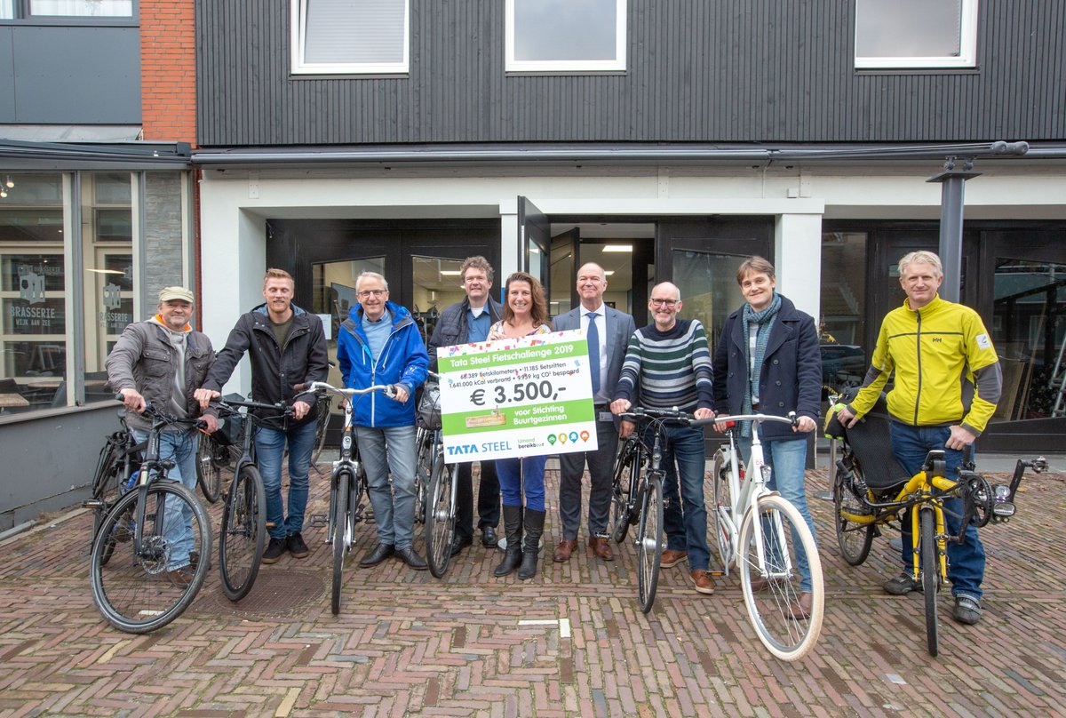 Deelnemers van de Tata Steel Fietschallenge 2019 hebben 66.389 km gefietst. Daarmee is €3.500 opgehaald voor goede doel Stichting Buurtgezinnen. Vrijdag reikten Hans van den Berg (directeur Tata Steel IJmuiden) &amp; Derk Triezenberg (fietsambassadeur) de cheque uit <a href="/IJmondGoedOpWeg/">IJmond Bereikbaar</a>
