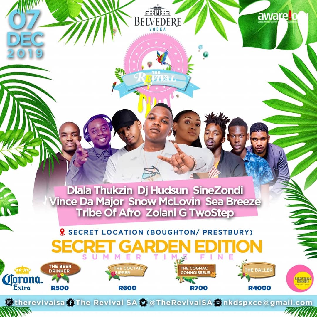 PMBGigGuide's tweet photo. @therevivalsa this Saturday 07 December 2019 with @dlalathukzin / @deejayhudson / @sinezondi / @vincedamajor / @snow_mclovin / @seabreezedj / @tribeofafro / @rapsbyzolani / @twostep

Hostted by @q_china
See Ticket package details 🎫
#SecretGardenEdition https://t.co/hZOb5BKnal