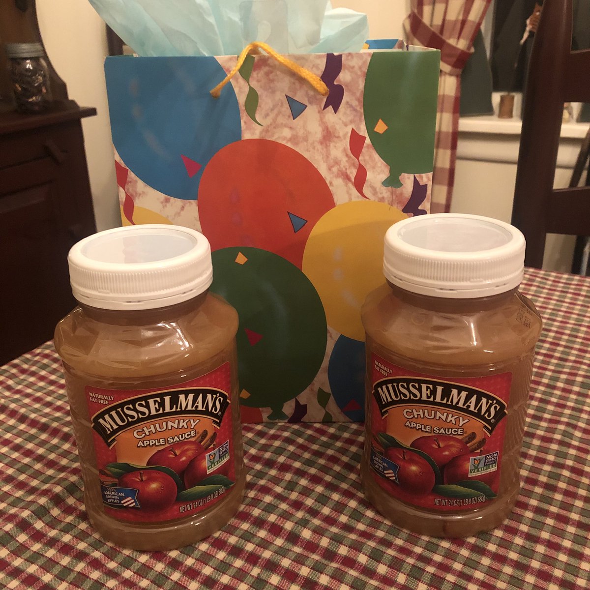 TomaselloNat's tweet photo. Sweetest birthday gift ever! My husband drove to grocery stores all over the state trying to find me my favorite @Musselmansapple Chunky Applesauce which our local stores stopped carrying! #BestHusbandEver #SweetestGift #BestApplesauce https://t.co/jq4ELYsKeI