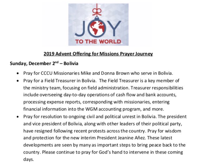 TheCCCU's tweet photo. Joy to the World Prayer Journey Day #2: #Bolivia. Support the Advent Offering for Missions here: https://t.co/fy0oNtKatn #CCCU #GreatCommission #Movement #AdventOffering https://t.co/bLrQQBdfzr