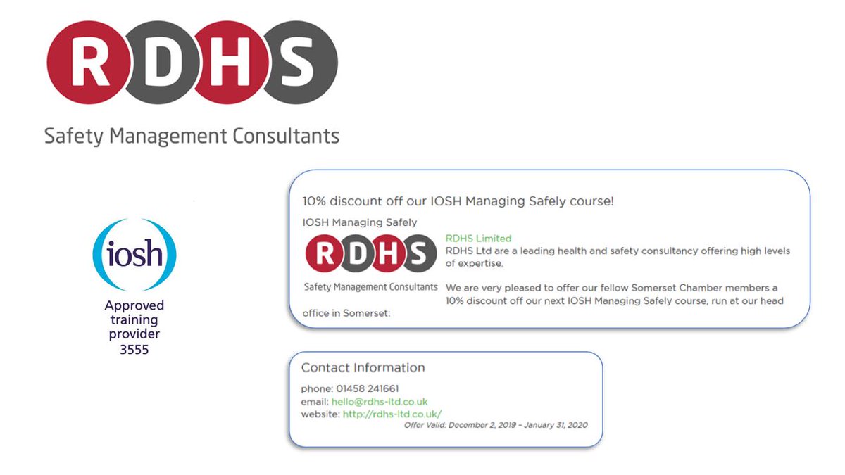 #Somerset Chamber members @RDHSltd are offering other #scocMembers a 10% discount off of their IOSH Managing Safely course! Follow the link for more information: bit.ly/2Y6KvKi