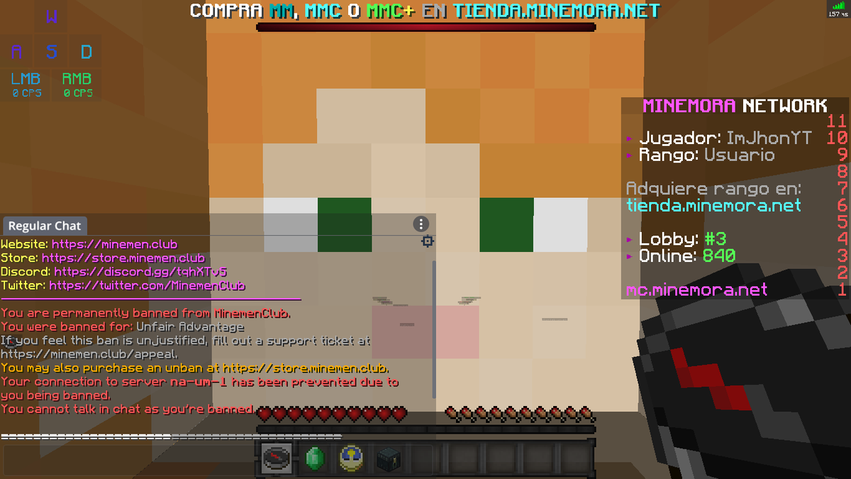 YoSoy_Jhon's tweet photo. @MinemenClub How do I appeal an unfair ban? I was banned for unfair advantage and I was playing with badlion client
I was banned permanently and I like this server
My nickname is: ImJhonYT
Pls desban https://t.co/NntUnGWydD