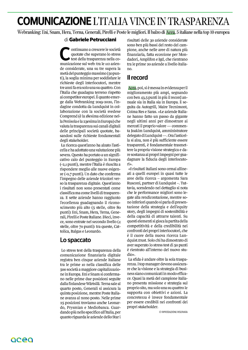 AceaGruppo's tweet photo. #AceaGruppo è #bestimprover nella classifica #WebrankingItaly '19'20 condotta da @Lundquist e @ComprendCom.
L'incremento registrato è il più alto sia in Italia che a livello internazionale con +43,5 punti e 62 posizioni guadagnate rispetto al 2018. https://t.co/AshKahVAyt