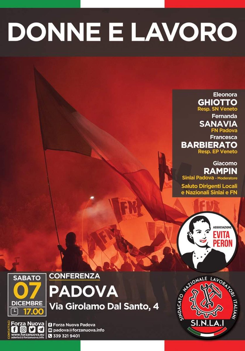 'DONNE E LAVORO'
 
Uno sguardo approfondito sull'attualissima questione dell'inserimento lavorativo delle donne da una prospettiva diversa rispetto a quella canonica del femminismo. 

Sabato 7 dicembre ore 17.00 
#Padova 
#DonneeLavoro 
#Sinlai
#EvitaPeròn