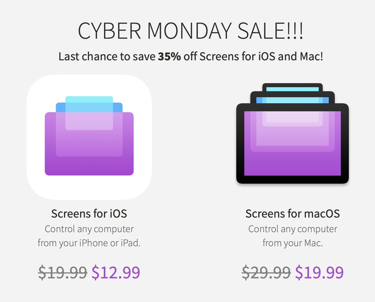 edovia's tweet image. Last day to save 35% off @screensvnc 

The clock is ticking! ⏱

edovia.com

#cybermonday #cybermondaydeals #cybermonday2019