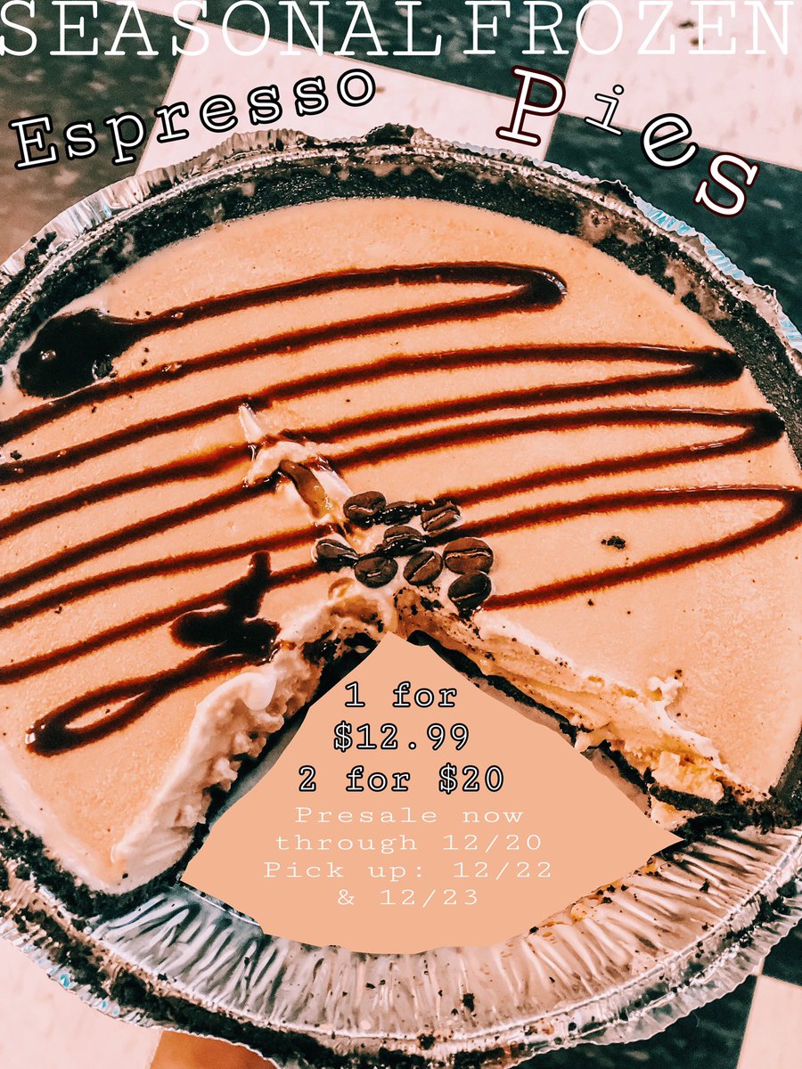 If you LOVE our Espresso Milkshake then you will go NUTS over our FROZEN ESPRESSO PIE!!! 

Preorder yours before the 20th to make your holidays even more scrumptious this year! 

Pick up dates 22nd and 23rd 🌲☕️
Tag someone who loves espresso!