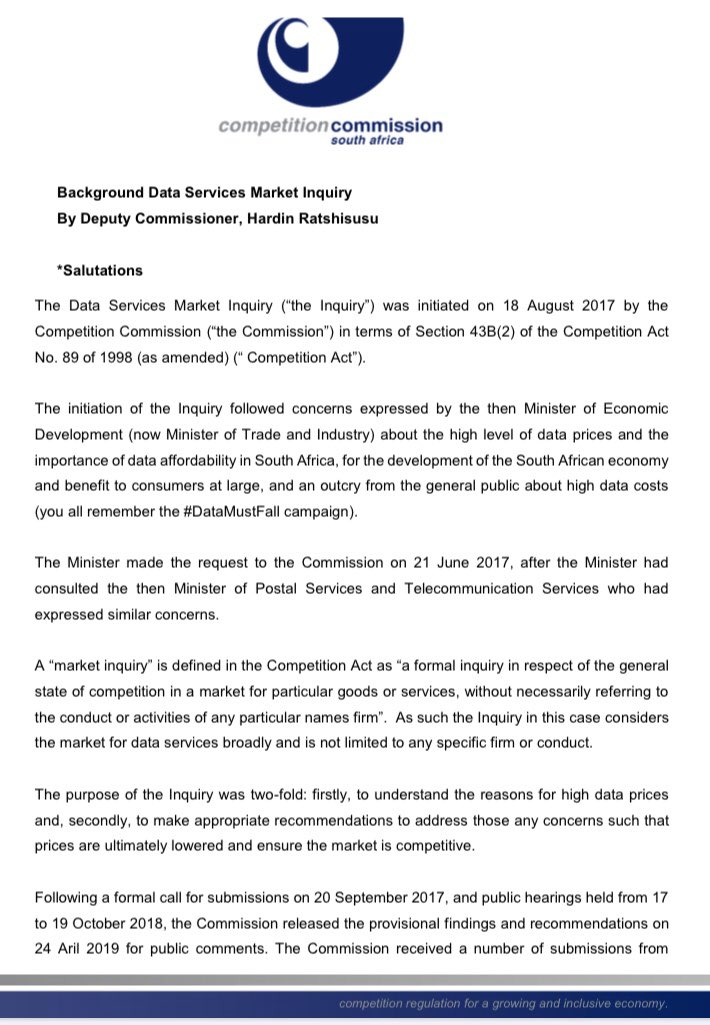 CompComSA's tweet photo. <<~~~swipe to read the background to the #DataServicesMarketInquiry given by Deputy Commissioner, @hardinratshi https://t.co/v32BIUBeCQ