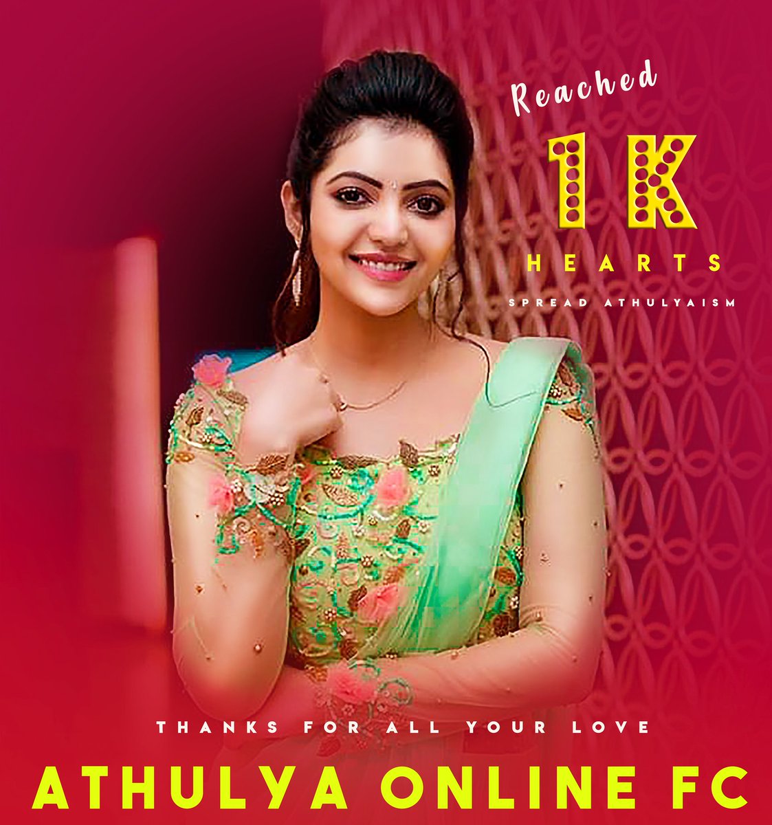 TeamAOFCOffl's tweet photo. Finally ! Reached 1K+ Hearts 😍♥️

Thanks For All Your Love and Support ! ♥️

#SpreadATHULYAism  @AthulyaOfficial https://t.co/UShtuG9PPV