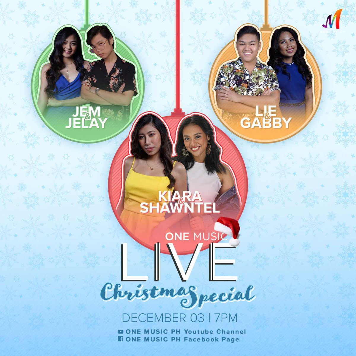OneMusicPH's tweet photo. Isang tulog na lang! ✨

Watch @Jemmacatuns @JELAYPILONES08, @Gabbbbae, @itsmeangelieofc, @_kiatakahashi and @iamshawntelcruz tomorrow on the #OneMusicLIVE Christmas Special our Facebook and YouTube Channel starting at 7PM! Stay tuned! https://t.co/53yMROqQ68