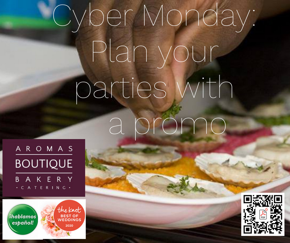 Plan your parties with Cyber Monday deals from Aromas.  Beautiful, delicious hors d'oeurves ready to serve to your guests and loved ones. Scan below for the menu.  Offer valid through 12.7.19  Not valid with any other promo. #CyberMondayPromo #WeddingCakesAndMore #AromasBoutique