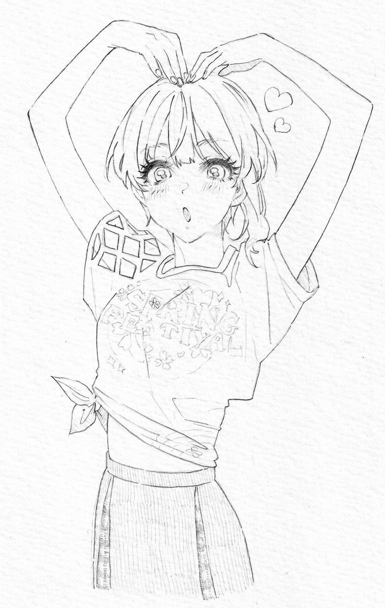 miyamoto frederica 1girl greyscale solo monochrome heart shirt arms up  illustration images
