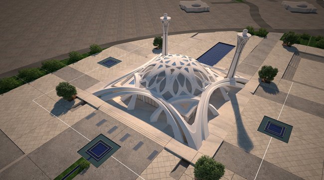 An example of quadrangular to circle transition. MOdern Persian architecture. The mosque of Isfahan international conference center.