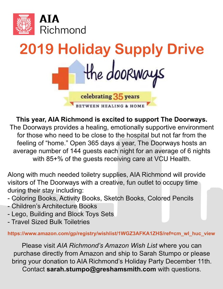 Happy Cyber Monday! When you are looking around the internet for deals today, please consider donating to AIA Richmond’s Holiday Drive! Please bring your donation to the AIA Holiday Party on December 11th or ship directly from our Wish List on Amazon: 

amazon.com/hz/wishlist/ls…