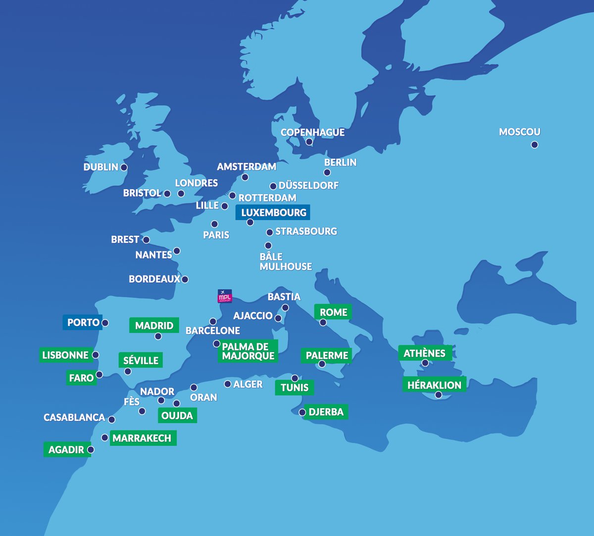 MPLaeroport's tweet photo. Les 14 premières destinations #Transavia au départ de #Montpellier ! ❤️https://t.co/0kK3SdSxpQ #Voyage #Espagne #Portugal #Italie #Sicile #Maroc #Tunisie #Grèce #Aérien #Avgeek https://t.co/NaISdlmDzj
