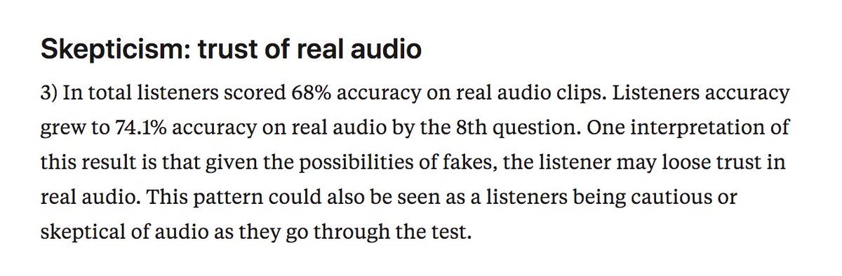 SamGregory's tweet photo. Research on how well people identify #fake #audio #deepfakes. Highlights: people don't do well 1st attempt (so in wild may have hard time), but do get better, but also build skepticism (possibly, or get cautious/skeptical of the test) via @pippinlee @dessa https://t.co/Yi12eYjTrn https://t.co/nWwHee4r0z