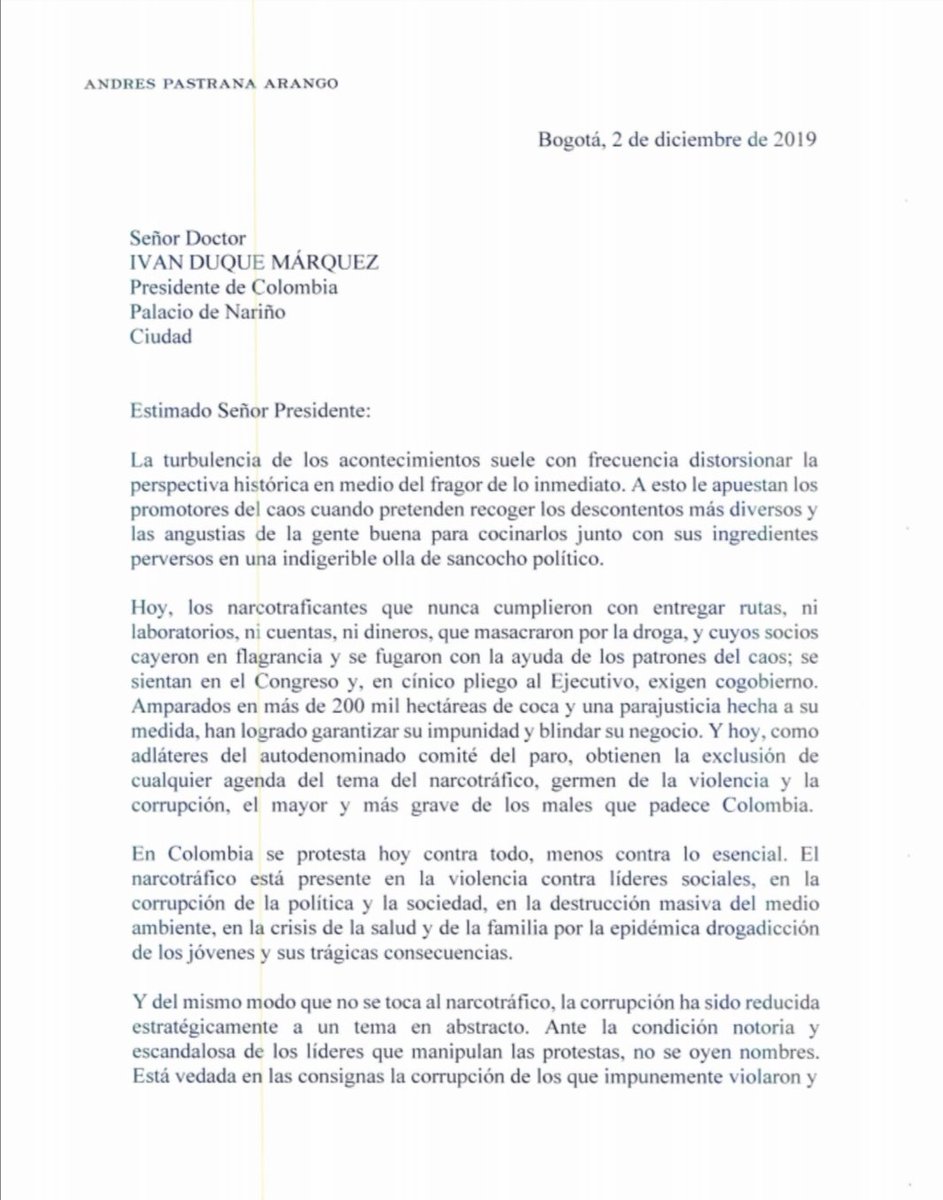 AndresPastrana_'s tweet photo. " No se deje intimidar, señor Presidente de la República de Colombia @IvanDuque, por la extorsión y el chantaje de los que quieren darle un zarpazo a lo que el pueblo colombiano les negó repetidamente en las urnas." https://t.co/B5ITDM9mTX