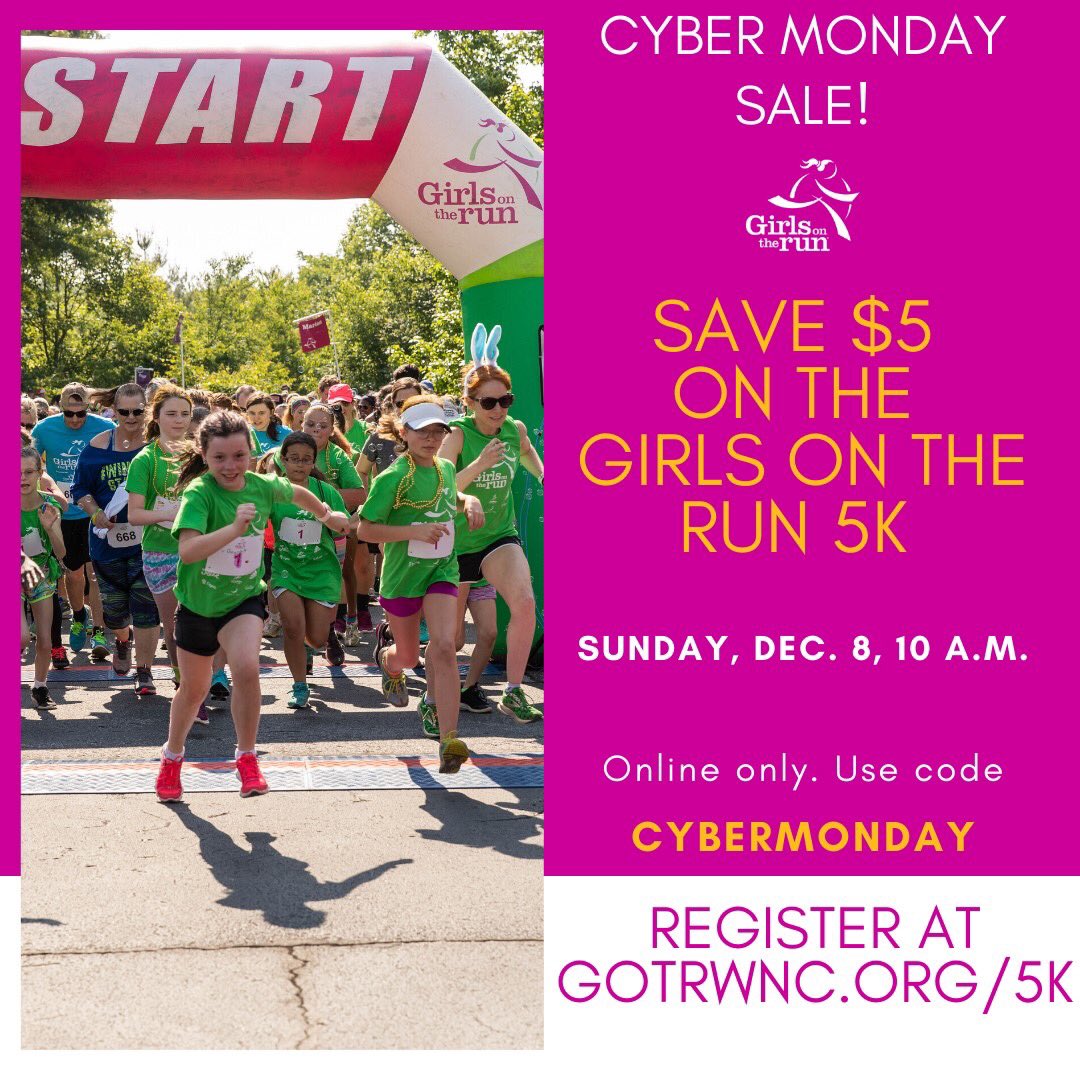 Girls on the Run WNC (@gotrwnc) on Twitter photo CYBER MONDAY SALE! Save $5 on registration for the #GirlsontheRun of WNC 5K Run/walk this Sun. 12/8 at <a href="/ShopAsheville/">ShopAsheville</a> by using promo code CYBERMONDAY when you sign up. Valid through midnight 12/2 ONLY! Register at gotrwnc.org/5k. #CyberMonday #avlnews CYBER MONDAY SALE! Save $5 on registration for the #GirlsontheRun of WNC 5K Run/walk this Sun. 12/8 at <a href="/ShopAsheville/">ShopAsheville</a> by using promo code CYBERMONDAY when you sign up. Valid through midnight 12/2 ONLY! Register at gotrwnc.org/5k. #CyberMonday #avlnews