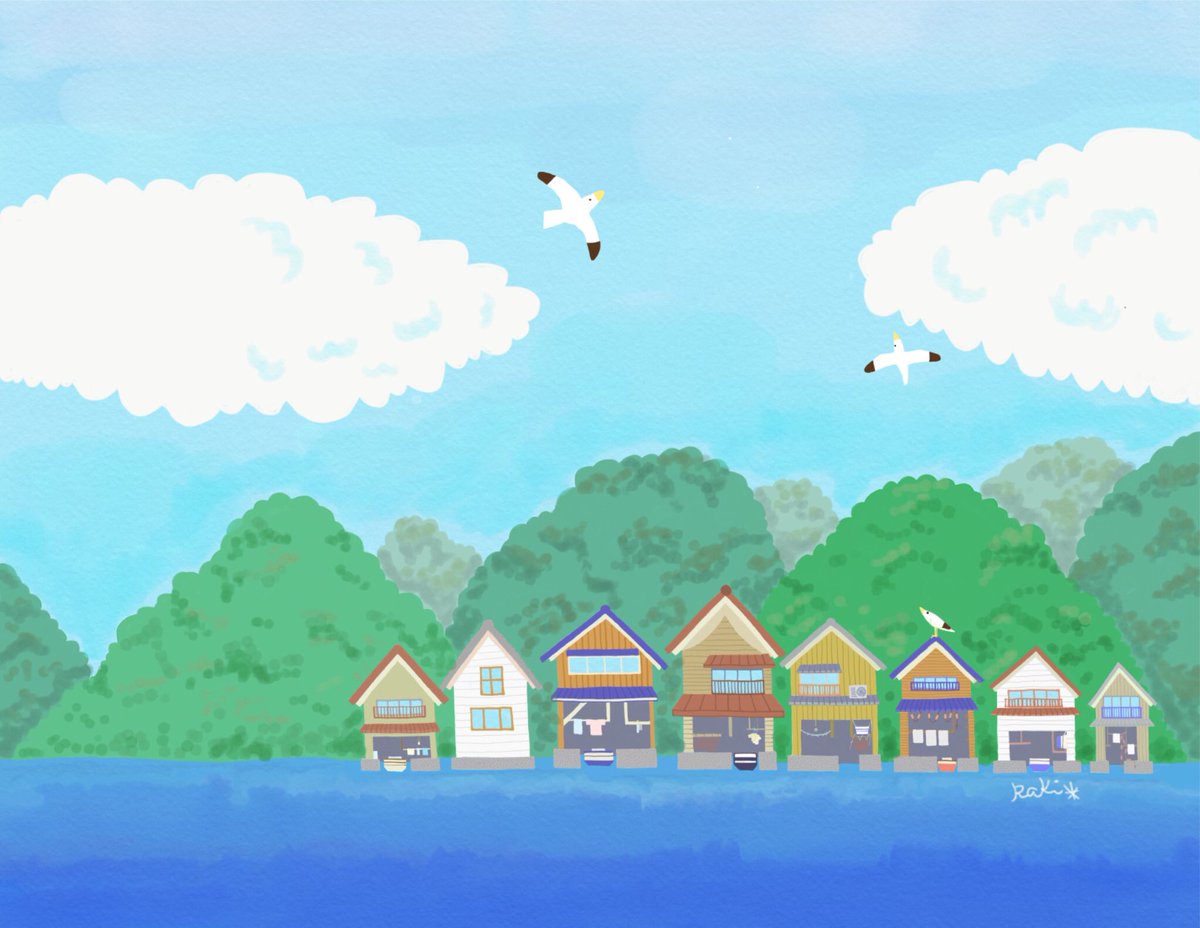たまには風景画。伊根の舟屋。 #デジタルイラスト #デジタル