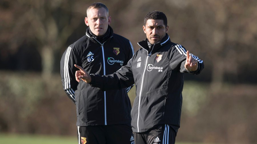 COYHorns_com's tweet photo. Hayden Mullins and Graham Stack taking first-team training for the first time this morning. #WatfordFC https://t.co/R7L0efdxGv
