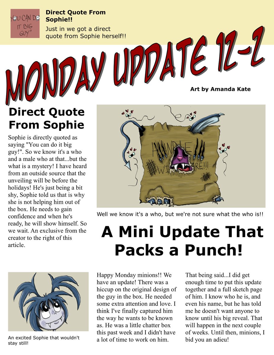 ArtbyAmandaKate's tweet photo. Happy Monday minions! No blog, but there's this...getting closer to finding out who's hiding in the cardboard box! Also sales on Society 6!
#HappyMonday #MondayPanel #Webcomic #ArtbyAmandaKate #supportart #digitalart #Society6 #ComicLife3 #Cartoonist #CharacterDesigns https://t.co/eWxgLNPXm2