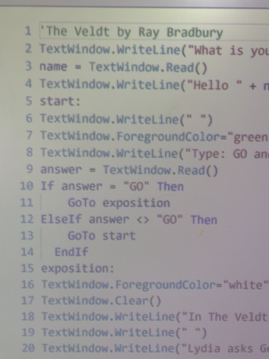 #coding in the #ELA classroom? Absolutely!!! Today we will introduce Mrs. Hadley’s 8th grade #ELA classes to “The Veldt” by Ray Bradbury. They will analyze the story by interacting with it as a text based video game using <a href="/smallbasic/">smallbasic</a> 
<a href="/HMMSVikingPride/">Hope Mills Middle</a> <a href="/cte_ccs/">CCSCTE</a> <a href="/HokeCoSchools/">Hoke County Schools</a>