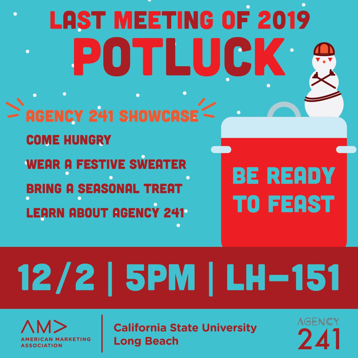 Join us TODAY for a food-filled and final AMA meeting of the semester! Bring your favorite dish to enjoy while supporting Agency 241’s final presentations! 

Also, please fill out the survey linked in our bio! We would love to enhance our members’ experience with AMA!

#CSULB