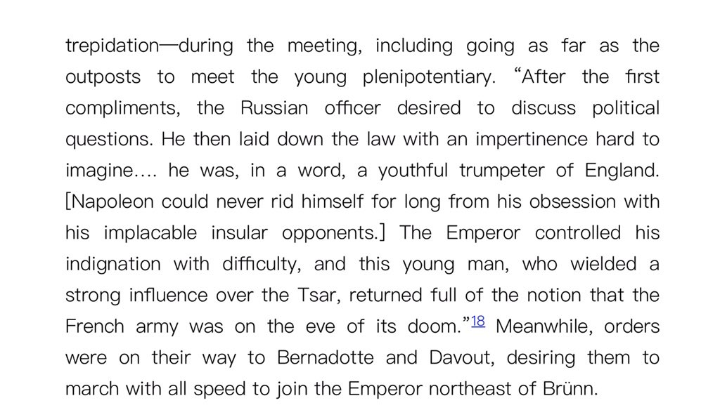 a meeting between Napoleon and a young, arrogant Russian aristocrat Count Dolgoruki, whom Napoleon wanted to persuade of his weakness and lack of resolve. Here is David Chandler: