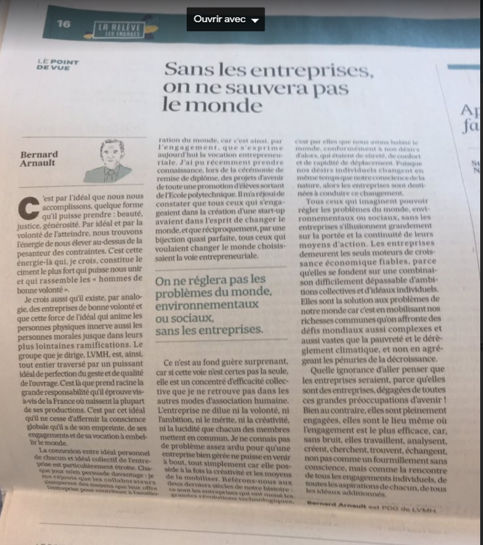 d_schneidermann's tweet photo. Tiens, ne serait-ce pas une palpitante tribune de Bernard Arnault, dans @LesEchos ? Et ne manquerait-il pas une petite information utile sur ce contributeur, uniquement présenté comme "PDG de LVMH", @dseux ? #MerciPatron https://t.co/cZBchuUENs