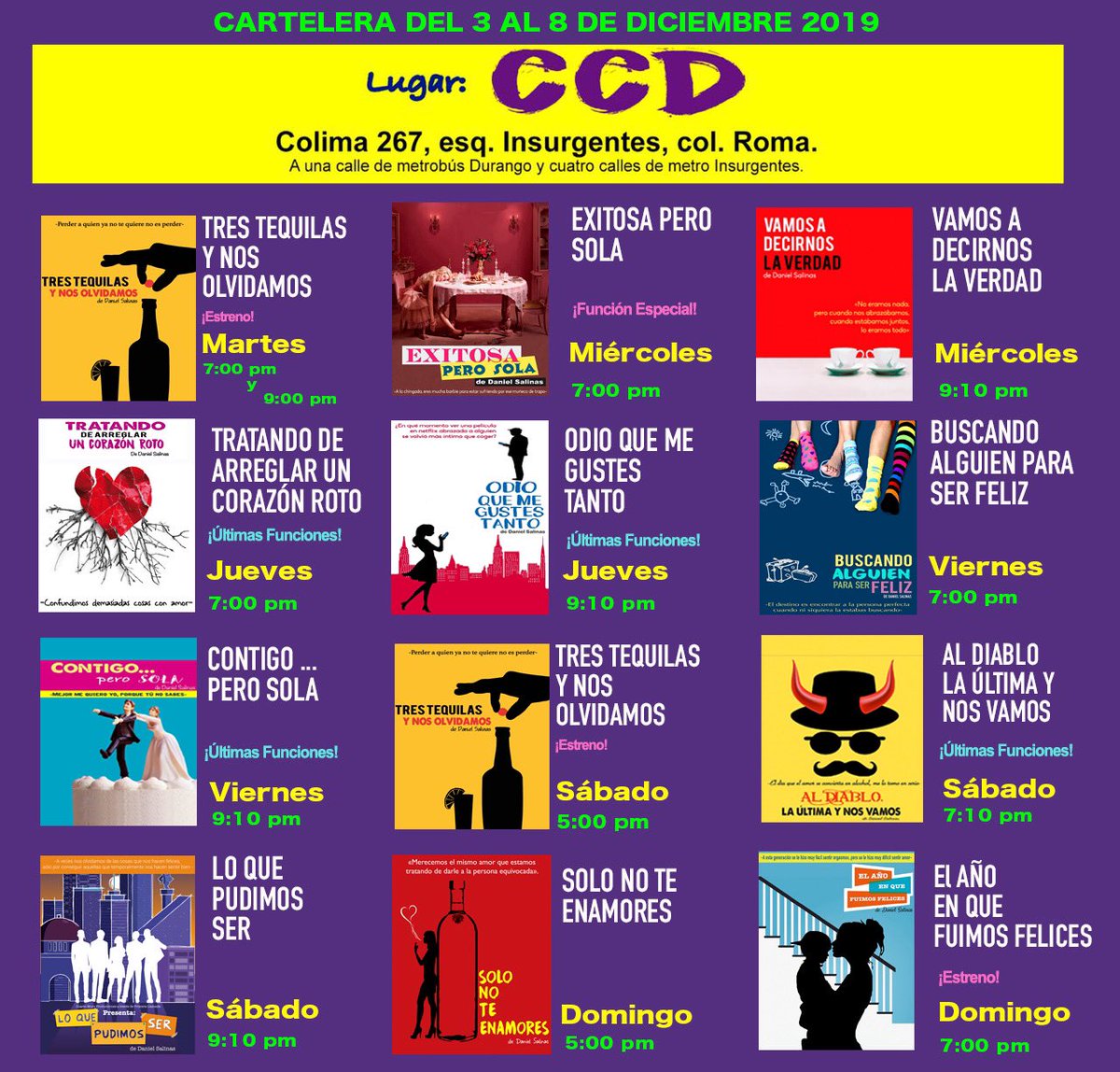Aquí nuestra cartelera vigente del miércoles 3 al  domingo 8 de diciembre de 2019.

ÚLTIMAS SEMANAS DEL AÑO. 

¿Te gusta emocionarte en el teatro? 

#EmocionesParaTuVida