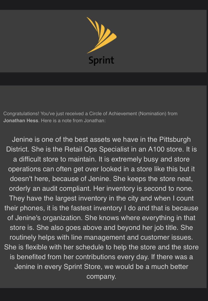 Jenine634's tweet photo. I normally don’t put my business out there but I’m kinda proud of this.  Thank you @JonHessSprint  for appreciating everything I do... I learned most of it from your hard work! #11yrswithsprint #sprint https://t.co/LA1bit16Dj