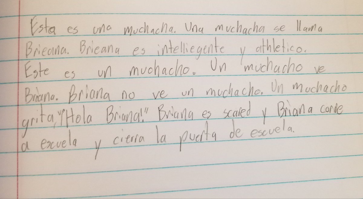 SrtaCole's tweet photo. After a break, we warmed up with a free write. They could write whatever they wanted: a story, list of phrases or even memorized words.
Level 1 scholars continue to impress! Is it perfect? NOPE! Is it organic? YES! No dictionaries or grammar notes needed. #CIWorks #Proficiency https://t.co/9DVCBDZ9jr