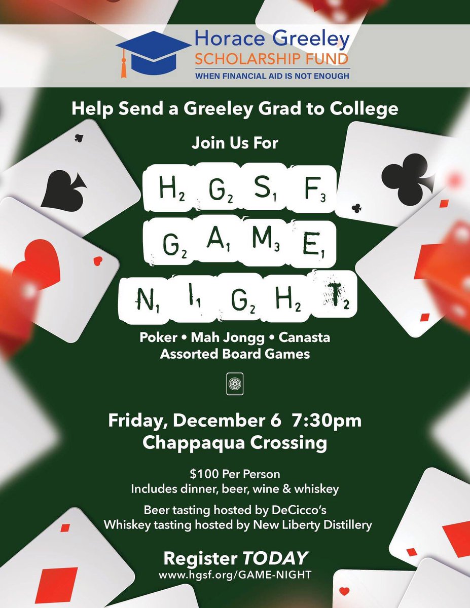 HGSF (@horacegreeleysf) on Twitter photo Game Night is THIS Friday. Be sure to buy your tickets today!
hgsf.org/game-night/
Beer tasting hosted by <a href="/DeCiccosBeer/">DeCicco's Beer</a> .
Whiskey tasting hosted by <a href="/NewLibertyBC/">New Liberty Baptist</a> .
Poker tournament by Jeff Dorst #Chappaqua
#GameNight #WhenFinancialAidIsNotEnough #WeAreChappaqua #Westchester Game Night is THIS Friday. Be sure to buy your tickets today!
hgsf.org/game-night/
Beer tasting hosted by <a href="/DeCiccosBeer/">DeCicco's Beer</a> .
Whiskey tasting hosted by <a href="/NewLibertyBC/">New Liberty Baptist</a> .
Poker tournament by Jeff Dorst #Chappaqua
#GameNight #WhenFinancialAidIsNotEnough #WeAreChappaqua #Westchester