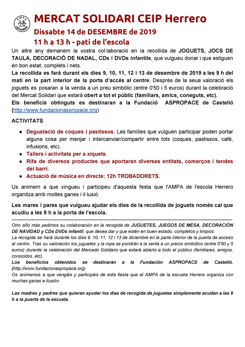 AMPAHerrero's tweet photo. El dilluns 9, i fins el 13 desembre, es realitzarà la recollida de joguets per al Mercat Solidari de l'escola Herrero que es celebrarà el dissabte 14 de desembre de 2019. Enguany els beneficis del mercat solidari aniran a la Fundació #Aspropace
https://t.co/d3N4CzTVa5 https://t.co/A8m0XPdFGq