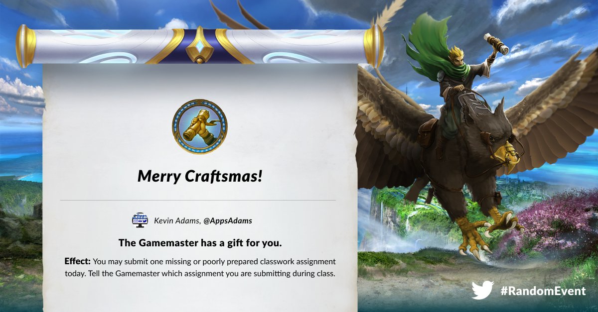classcraftgame's tweet image. ❄️ December has arrived! ⛄️ Get your Ss into the holiday spirit with a festive #RandomEvent! Start with @AppsAdams's "Merry Craftsmas!"

Do you have a seasonal Random Event? Share it with us here or in our community forums ➡ buff.ly/2AujVxw