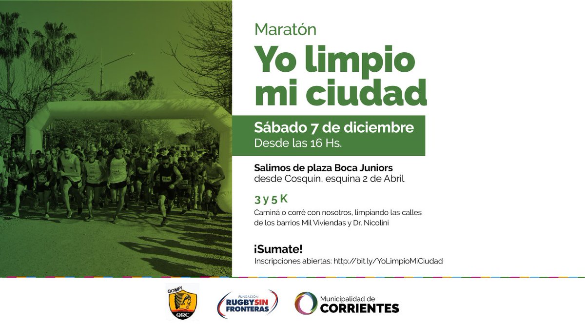 Con la maratón ‘Yo Limpio Mi Ciudad’ combinamos el deporte y el cuidado del ambiente. Junto a <a href="/RugbySFronteras/">Rugby Sin Fronteras</a> y Qompi Rugby Club, realizaremos este sábado una jornada de limpieza por los barrios Mil Viviendas y Dr. Nicolini. ¡Inscribite! ➡ bit.ly/34vvZO5.