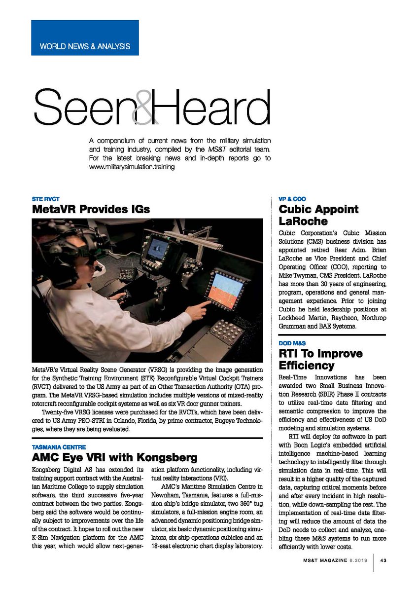 avtrngeditor's tweet photo. Got news? The new issue of #Halldale's @MST_Magazine highlights 65 stories of innovations, contracts, partnerships and promotions. Is your company mentioned? Send us your #IITSEC news - we're online everyday and special edition eNewsletters this week. https://t.co/j3iulpkMPV