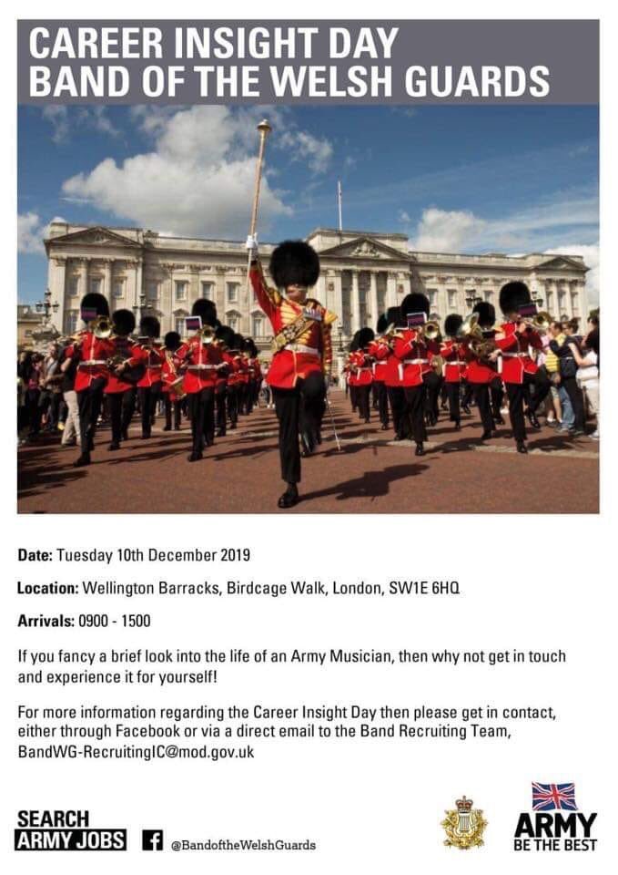 Band of the Welsh Guards (@welshguardsband) on Twitter photo Calling all musicians! 🎺 The band will be hosting a career insight day on 10th December! Come and experience a day in the life of a <a href="/Householddiv/">The Household Division</a> band! More info below! #jobopportunity #ItPaysToPlay #Recruiting #UKArmyMusic #recruitment Calling all musicians! 🎺 The band will be hosting a career insight day on 10th December! Come and experience a day in the life of a <a href="/Householddiv/">The Household Division</a> band! More info below! #jobopportunity #ItPaysToPlay #Recruiting #UKArmyMusic #recruitment
