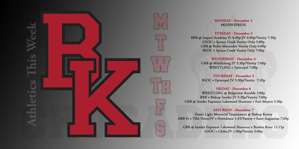 BKHS_Athletics's tweet photo. BK Athletics This Week: Winter sports are in full swing beginning this week with WRESTLING opening up against Episcopal at home Wednesday at 7. Also up is the first-ever Dom's Light Memorial Tournament in the John A. Baldwin Athletic Center on Saturday. #KennyPride https://t.co/gezVpRUDxe