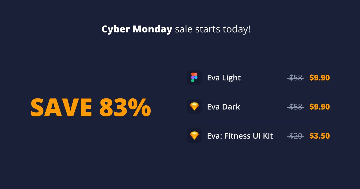 system_eva's tweet photo. #CyberMonday sale has started🤩
Don't miss your chance to grab any design item with 83% off🔥🔥🔥https://t.co/ZoPQuWExUY
From Customizable Eva Design System to UI Kit. Hurry up, the offer is valid until 4 December midnight.

#CyberMondayDeals #CyberMonday2019 https://t.co/BByFoRnk3T