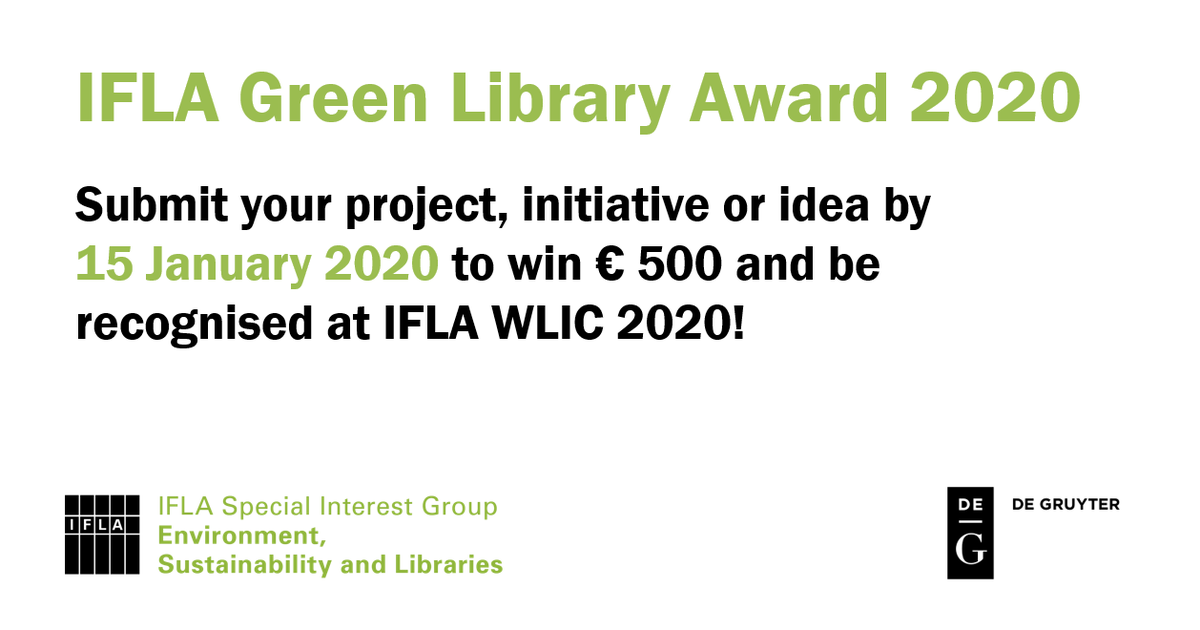 What do #libraries have to do with #environment and #ClimateAction? 

The call for the 5th IFLA #GreenLibrary Award 2020, presented by <a href="/IFLA_ENSULIB/">IFLA ENSULIB SIG</a> and <a href="/degruyter_lib/">De Gruyter Libraries ➡️ dgb-lis.bsky.social</a> is now open! 

Submit your #library project, initiative or idea by 15 January 2020: bit.ly/2Le6qu1