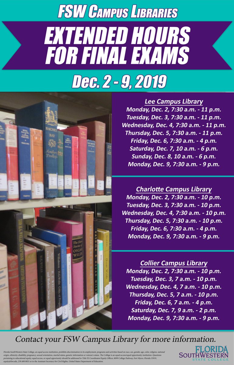 FSWCollege's tweet photo. Get your study on! The Lee, Charlotte and Collier campus libraries are open for extended hours for final exams. #FSWStudents #FinalExams https://t.co/HeAzWF0h26
