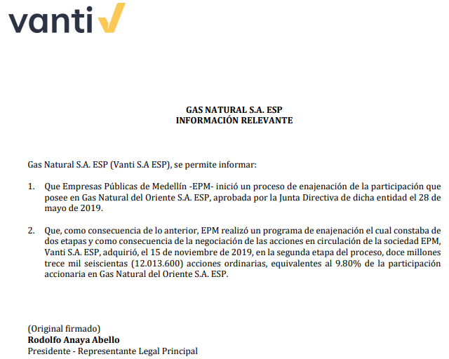 andresmania's tweet photo. #GASNATURAL (Vanti) fue el comprador de las acciones de #GASORIENTE.
▪️ Vanti tenía el 54,5% de la empresa, ahora tiene el 64,3%. Invercolsa tienen el 34,53%.
▪️ Ambos son emisores de acciones de la @bvcColombia. Con nula liquidez https://t.co/CmIymr1XM5