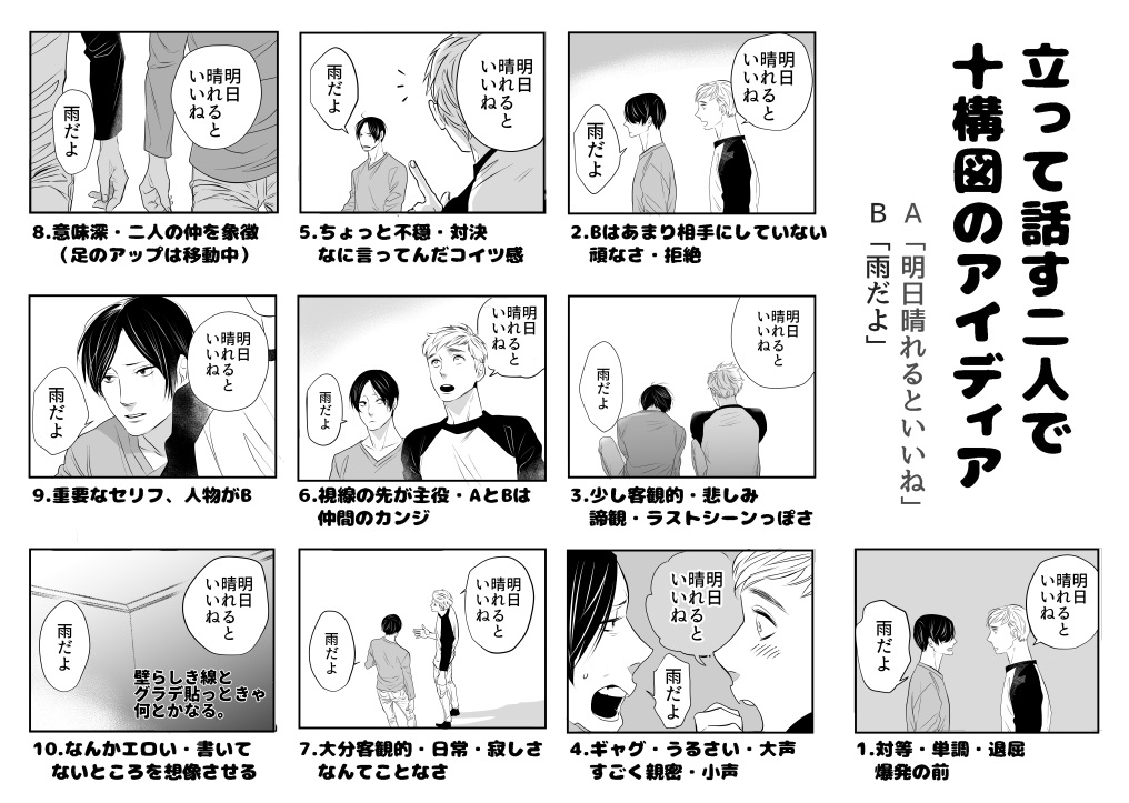 立って話す二人で十構図のアイディア 絵をあまり描きたくない人のためのネームの話 𝓶 𝓶 むむ の漫画