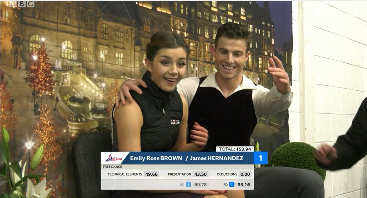 LOVED this moment! A very surprised #EmilyBrown who, even though it was showing 1st, couldn't quite believe it! Yes, we've won!! #JamesHernandez 🥇🇬🇧

<a href="/BritishIceSkate/">British Ice Skating</a> could we please have a larger sofa so Coaches can also sit down &amp; viewers can them &amp; not just an arm? 🙏for 2020