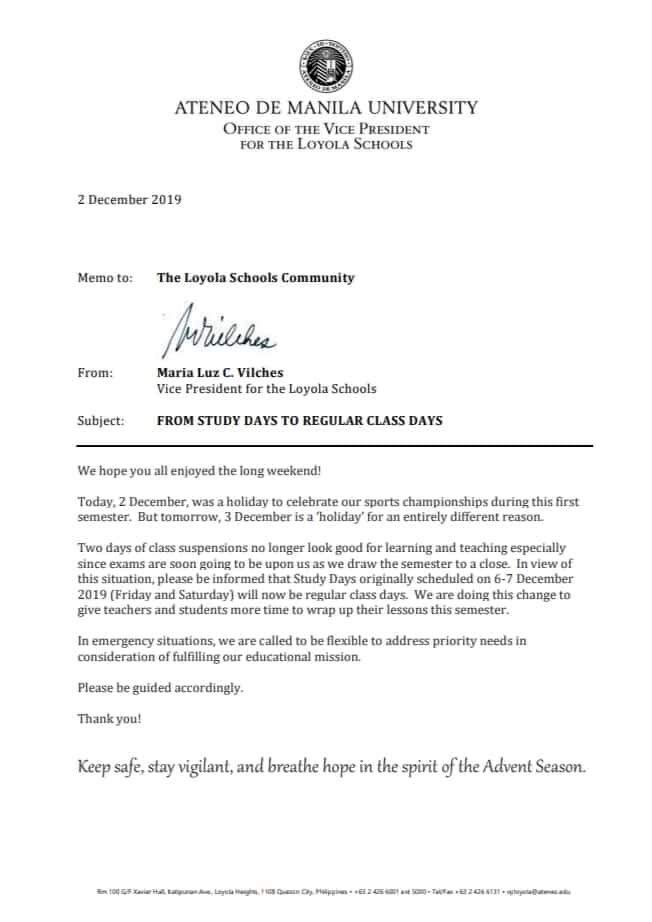 TheGUIDON's tweet photo. JUST IN: Vice President for the Loyola Schools Maria Luz Vilches released a statement on the revised academic schedule given the recent suspensions. The December 6 and 7 Study Days will now serve as regular class days to make up for the missed classes. See the memo here: https://t.co/82uko1c97j
